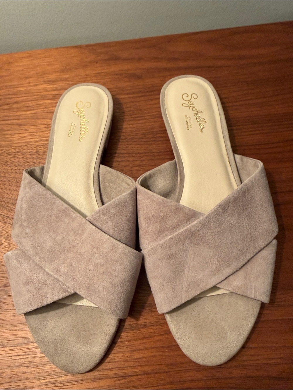 Seychelles Taupe Crisscross Suede Slide Mules